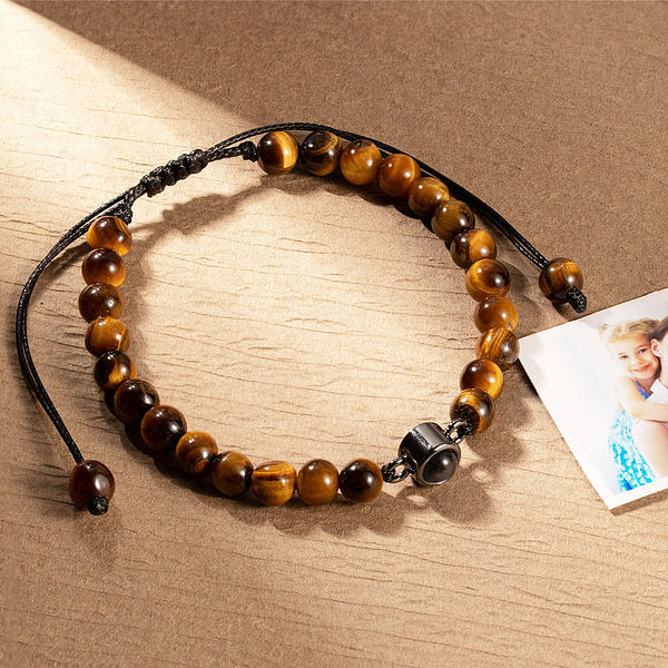 Personalized Men's Tiger's Eye Stone Photo Projection Beads Elastic Bracelet Gift for Boyfriend Husband Dad