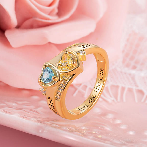 2 Heart Ring for Women with Names & Birthstones