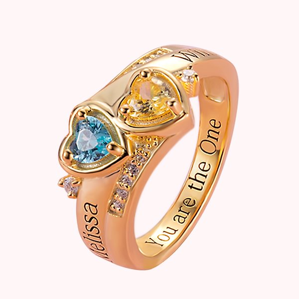 2 Heart Ring for Women with Names & Birthstones