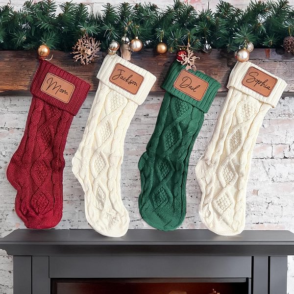 Personalized Christmas Knitted Stocking with Name Patch Rustic Hanging Ornament Fireplace Tree Decoration Christmas Gift for Family Friend Kid