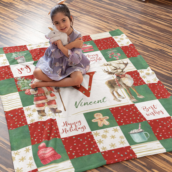 Personalized Soft Flannel Sherpa Santa Claus and Deer Blanket with Name Christmas Gift for Family or Friend