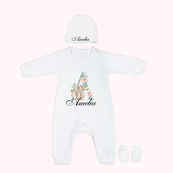 Personalized Baby Romper Set with Hat and Gloves Coming Home Outfit