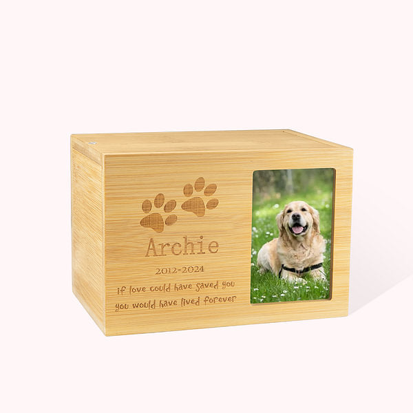 Personalized Paw Print Wooden Pet Cremation Urn Ash Box with Photo and Engraved Text Memorial Sympathy Gift for Pet Owners Lovers