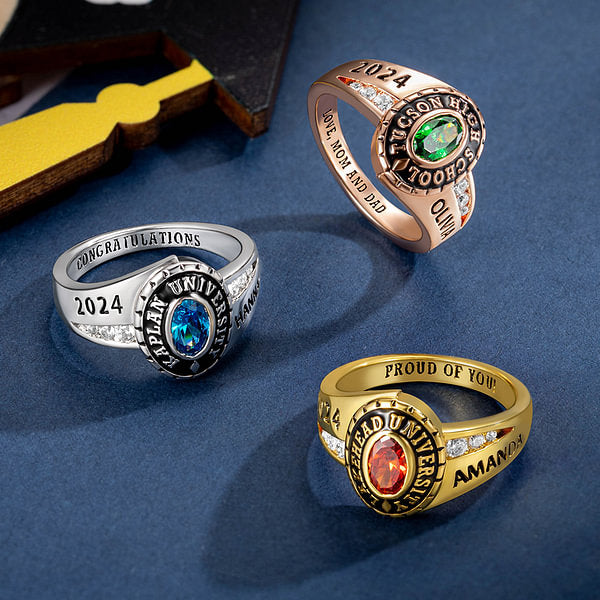 Personalized Engraved Birthstone Graduation Ring with Text Graduation Gift for Class of 2024 Graduates