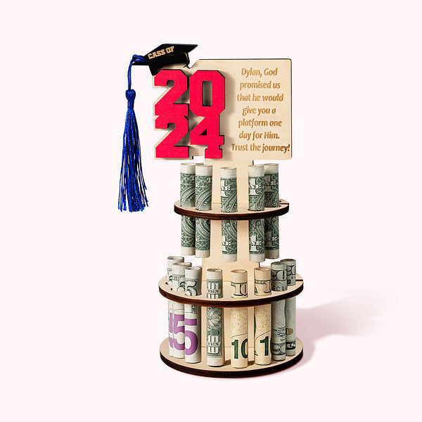 Personalized Class of 2024 Wooden Layered Cake Money Holder with Text Graduation Cap and Tassel Graduation Gift for Graduates