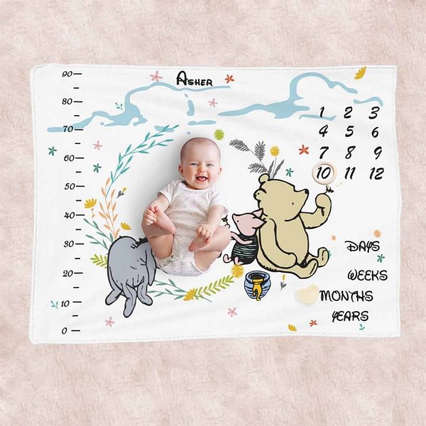 Personalized Winnie The Pooh Baby Monthly Milestone Growth Tracker Soft Blanket Photo Prop Baby Shower Gift for Newborn