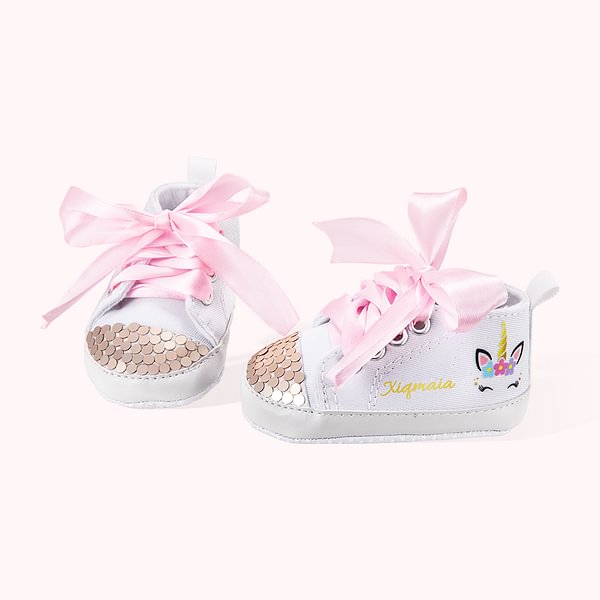 Personalized Baby Girl Unicorn Sequin Toddler Walking Shoes with Name Baby Shower Birthday Gift for Newborn