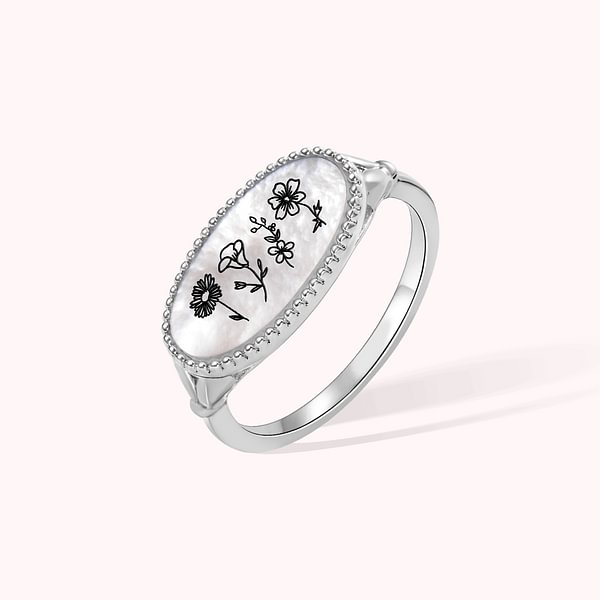 Personalized 1-4 Engraved Shell Black Agate Birth Flowers Oval Ring Birthday Mother's Day Gift for Her