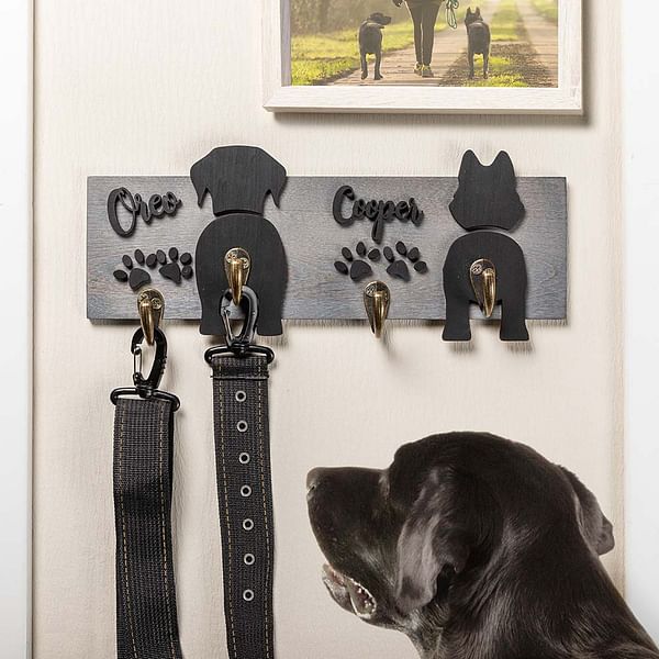 Personalized Wooden Dog Butt Leash Holder Hanger for Wall with Name and Paw Print Pet Dog Lover Gift Housewarming Gift