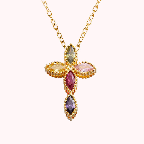 Personalized Mini Cross Pendant Necklace with 1-5 Family Birthstones Christening Gift for Woman