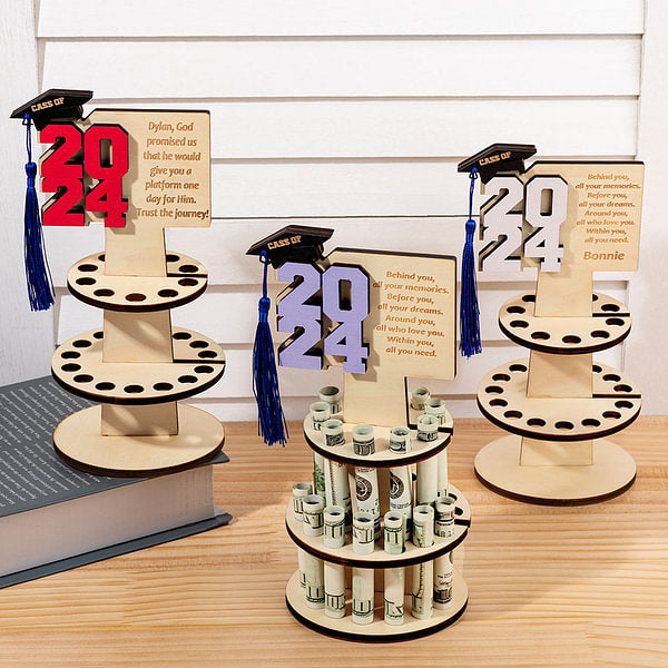 Personalized Class of 2024 Wooden Layered Cake Money Holder with Text Graduation Cap and Tassel Graduation Gift for Graduates