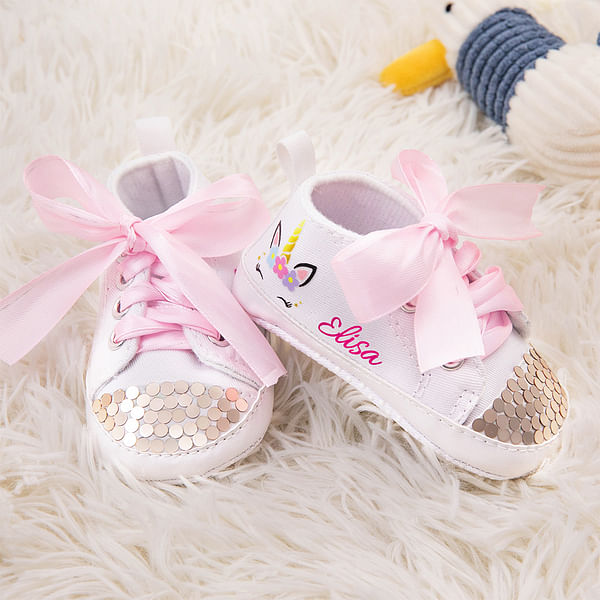 Personalized Baby Girl Unicorn Sequin Toddler Walking Shoes with Name Baby Shower Birthday Gift for Newborn