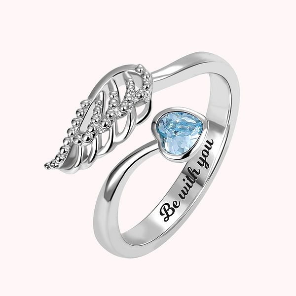 Forever by My Side Angel Wing Birthstone Heart Ring Sterling Silver