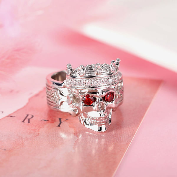 Engraved Birthstone Skeleton King Skull Ring