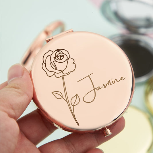 Jectist Personalized Name Compact Mirror with Birth Flower Bridesmaid Proposal