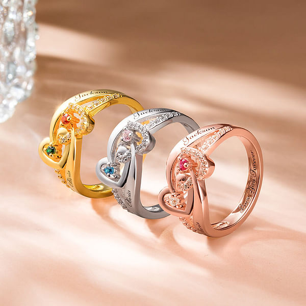 Double Heart Intertwined Ring with 2 Names & Birthstones