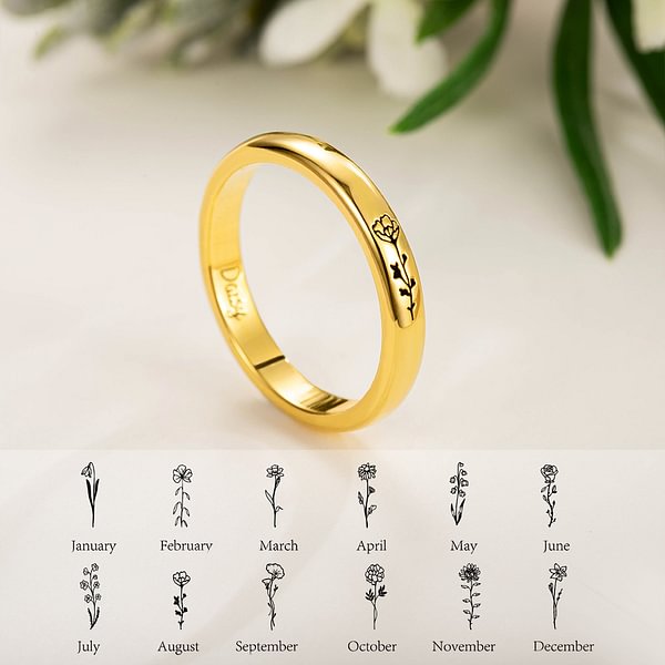 Personalized Engraved Birth Flower Thin Band Ring with Name Minimalist Jewelry Birthday Mother's Day Gift for Her