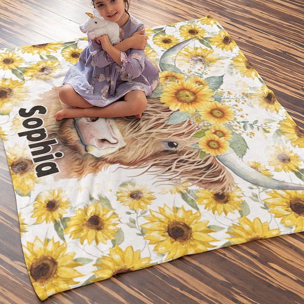 Personalized Sunflower Highland Cow Fleece Blanket with Name Christmas Birthday Gift for Highland Cow Lovers