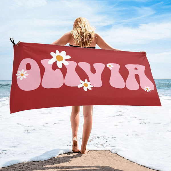 Personalized Super Absorbent Quick Dry Daisy Flower Beach Towel with Name Multicolor Available Vacation Party Gift for Her