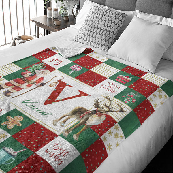 Personalized Soft Flannel Sherpa Santa Claus and Deer Blanket with Name Christmas Gift for Family or Friend