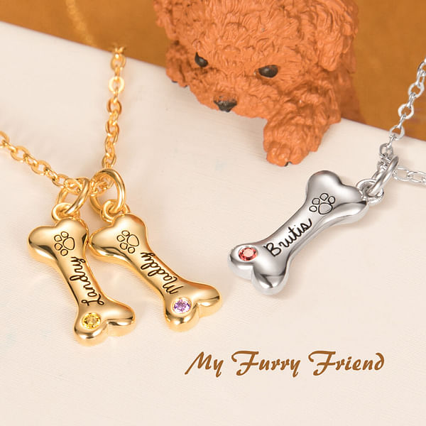 Personalized Sterling Silver Bone Necklace with 1-8 Birthstone and Engraved Name Pet Theme Jewelry Gift for Dog Lovers