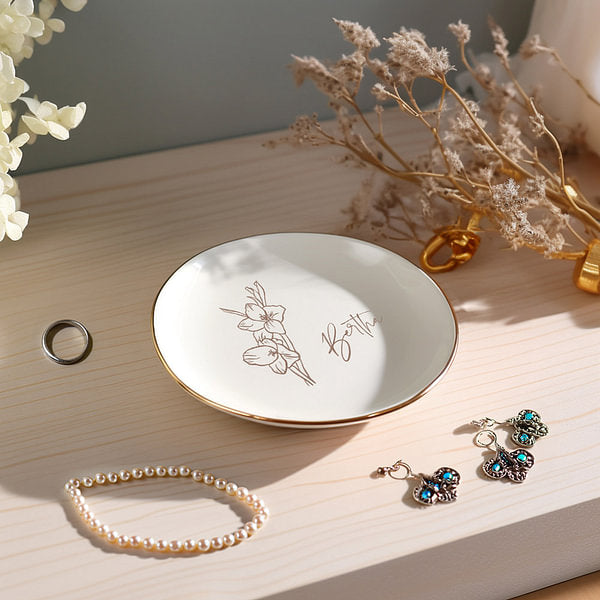 Personalized Ceramic Birth Flower Ring Dish Decorative Floral Trinket Bowl Jewelry Tray Organizer Wedding Engagement Birthday Mother's Day Gift