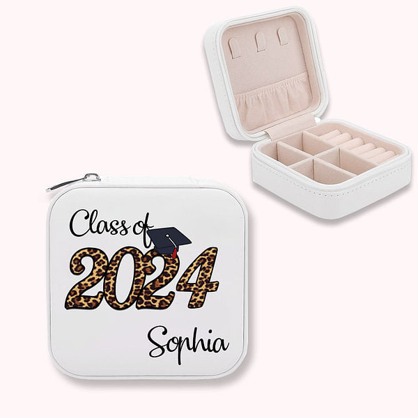 Personalized Class of 2024 Graduation Jewelry Box with Glitter Leopard Design Text Portable Travel Graduation Gift Graduates