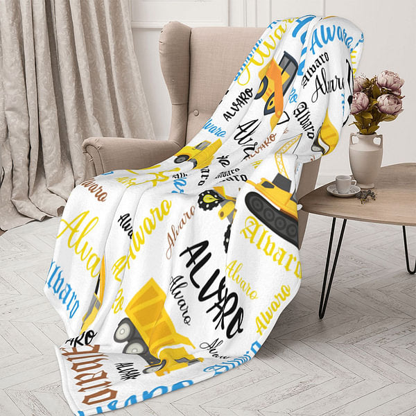 Personalized Construction Truck Design Fleece Sherpa Blanket with Name Birthday Anniversary Gift for Babies Children