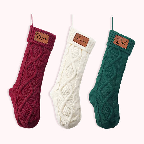 Personalized Christmas Knitted Stocking with Name Patch Rustic Hanging Ornament Fireplace Tree Decoration Christmas Gift for Family Friend Kid