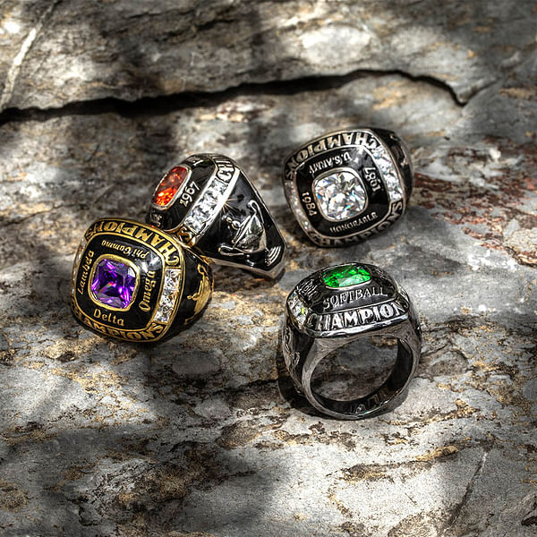 Personalized Fantasy Football Baseball Softball Championship Ring with Gemstone and Text Sport Theme Jewelry Winner Award Gift for Men