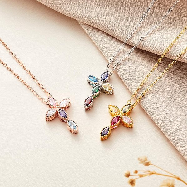 Personalized Mini Cross Pendant Necklace with 1-5 Family Birthstones Christening Gift for Woman