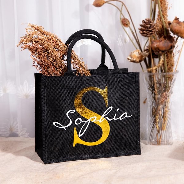 Personalized Black Jute Tote Bag with Name and Initial Birthday Wedding Party Gift for Women
