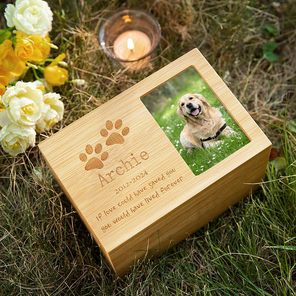 Personalized Paw Print Wooden Pet Cremation Urn Ash Box with Photo and Engraved Text Memorial Sympathy Gift for Pet Owners Lovers