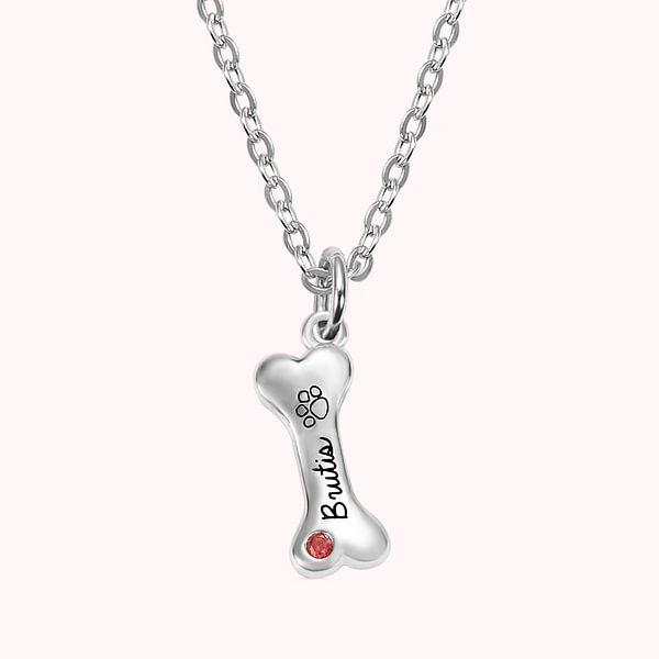 Personalized Sterling Silver Bone Necklace with 1-8 Birthstone and Engraved Name Pet Theme Jewelry Gift for Dog Lovers