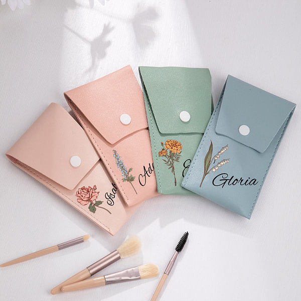 Personalized Watercolor Birth Flower Makeup Brush Bag with 8 Pcs Makeup Brushes Birthday Wedding Christmas Gift for Her