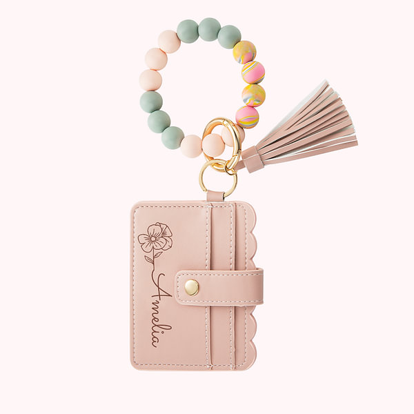 Personalized Birth Flower Keychain Wristlet Leather Wallet with Beaded Bracelet and Name Birthday Mother's Day Gift for Her