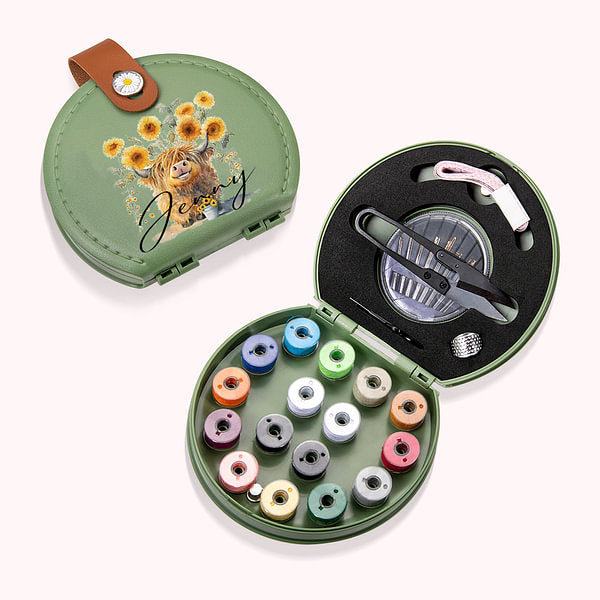 Personalized Sunflower Highland Cow Handwork Tool Portable Leather Sewing Kit Set with Name Birthday Gift for Her