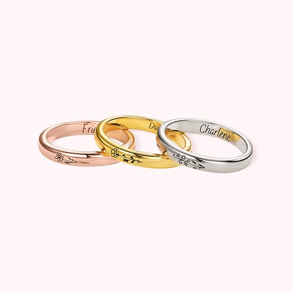 Personalized Engraved Birth Flower Thin Band Ring with Name Minimalist Jewelry Birthday Mother's Day Gift for Her