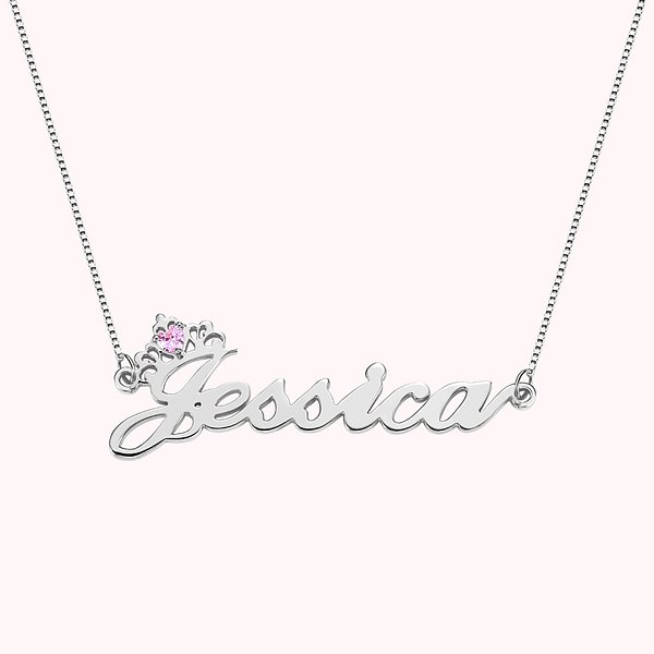 Personalized Sterling Silver Name Pendant Necklace with Crown and Heart Birthstone Birthday Mother's Day Gift for Her