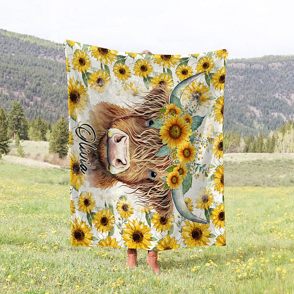 Personalized Sunflower Highland Cow Fleece Blanket with Name Christmas Birthday Gift for Highland Cow Lovers