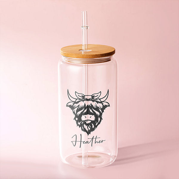 Personalized Highland Cow Name Can Tumbler Glass Coffee Cup with Bamboo Lids Birthday Christmas Gift for Cow Lovers