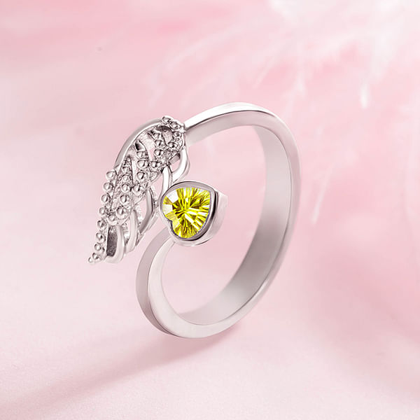 Forever by My Side Angel Wing Birthstone Heart Ring Sterling Silver