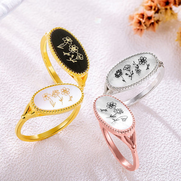 Personalized 1-4 Engraved Shell Black Agate Birth Flowers Oval Ring Birthday Mother's Day Gift for Her