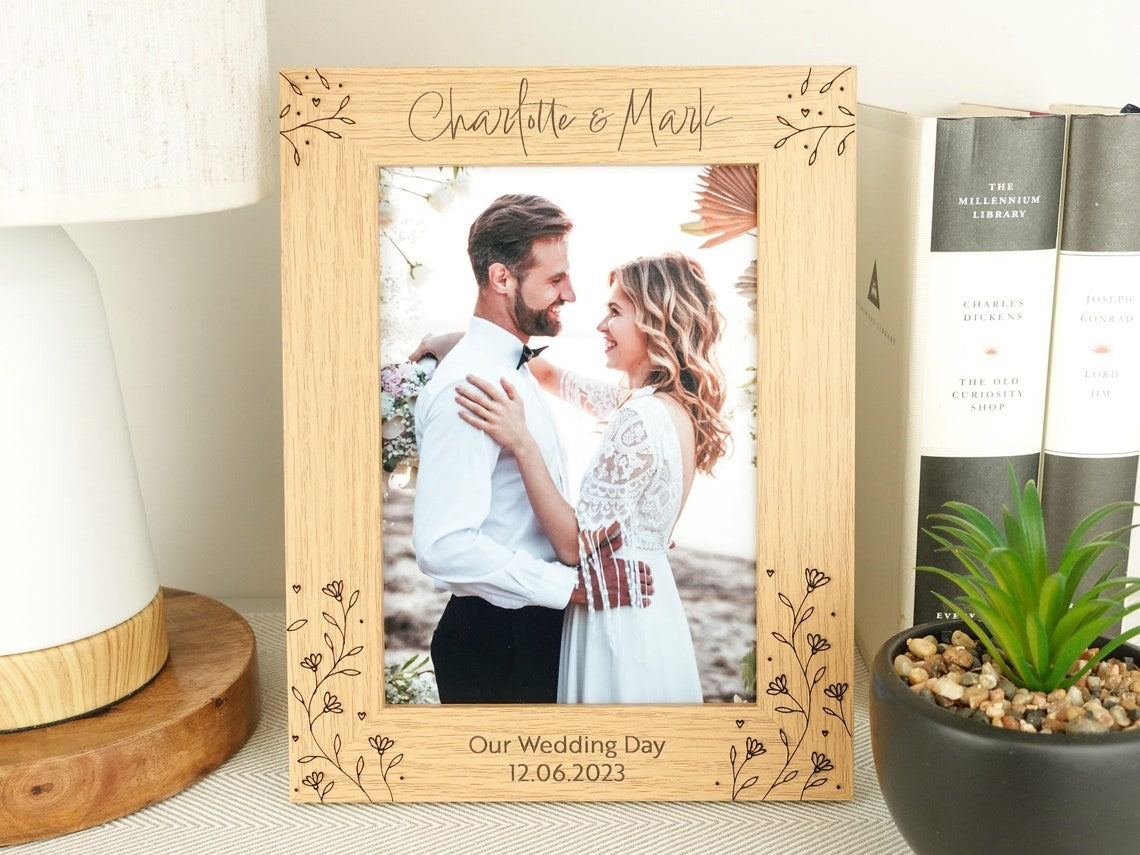 Jectist Personalised engraved wood photo frame,Custom wedding frame,housewarming gift