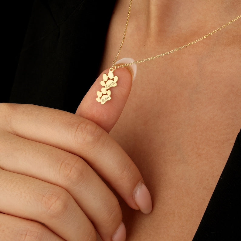 Paw Print Name Necklace, Personalized Tiny Dog Paw Necklace